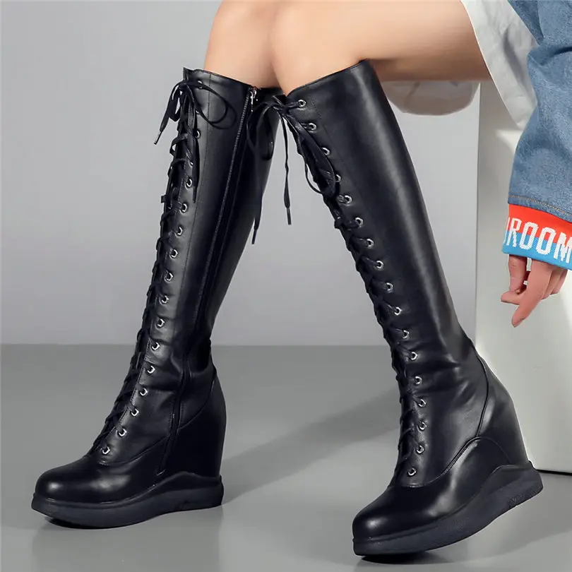 Thigh High Boots Women Genuine Leather Lace Up Knee High Booties Wedges High Heel Tall Shaft Punk Sneakers Winter Punk Creepers