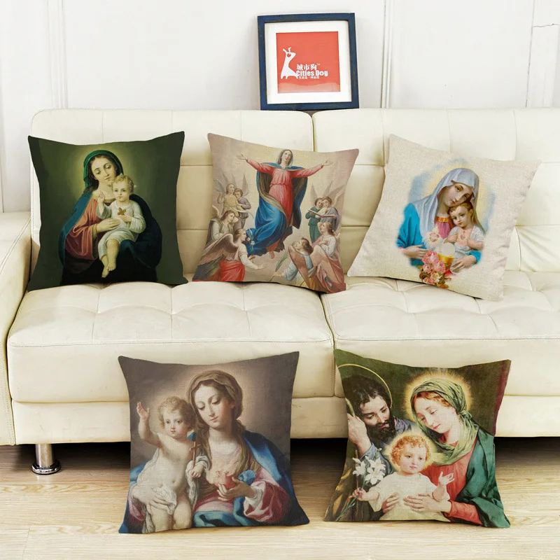 

Christianity The Virgin Mary And Baby Jesus Printed Linen PillowCase Religious Beliefs Church Home Sofa Decorative Cushion Cover