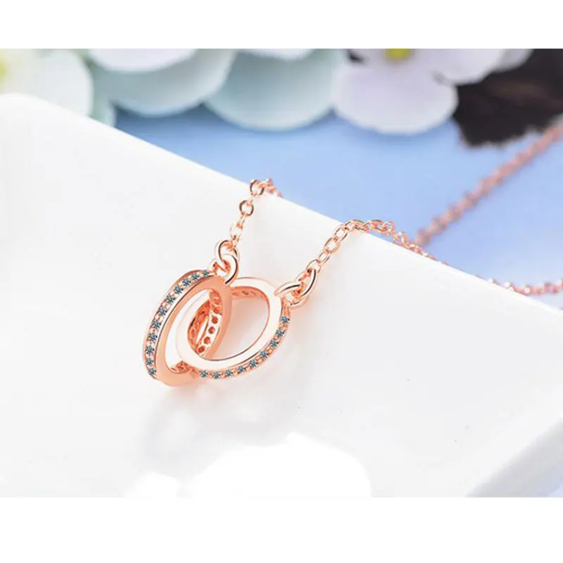 rose gold Anenjery, 925 пробы, серебро, двойной круг, CZ цирконий, ожерелья и подвески для женщин, подарок, колье, ожерелье, бижутерия, S-N61 - Окраска металла: rose gold