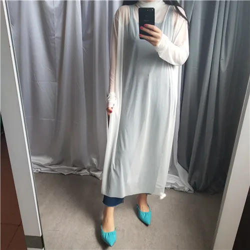 [EAM] New Autumn Winter High Collar Long Sleeve Black Mesh Perspective Colorful Long Big Size Dress Women Fashion JU790 - Цвет: White