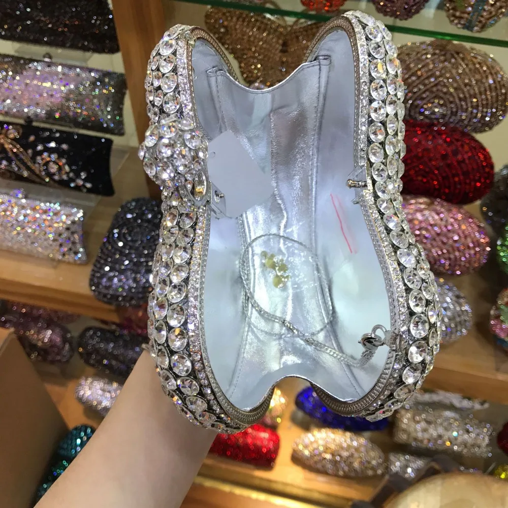 

Fashion Heart Shape Clutches Crystal Evening Bags Sliver And Gold Clutch Hollow Out Rhinestone Women Party Handbag Lady Purse