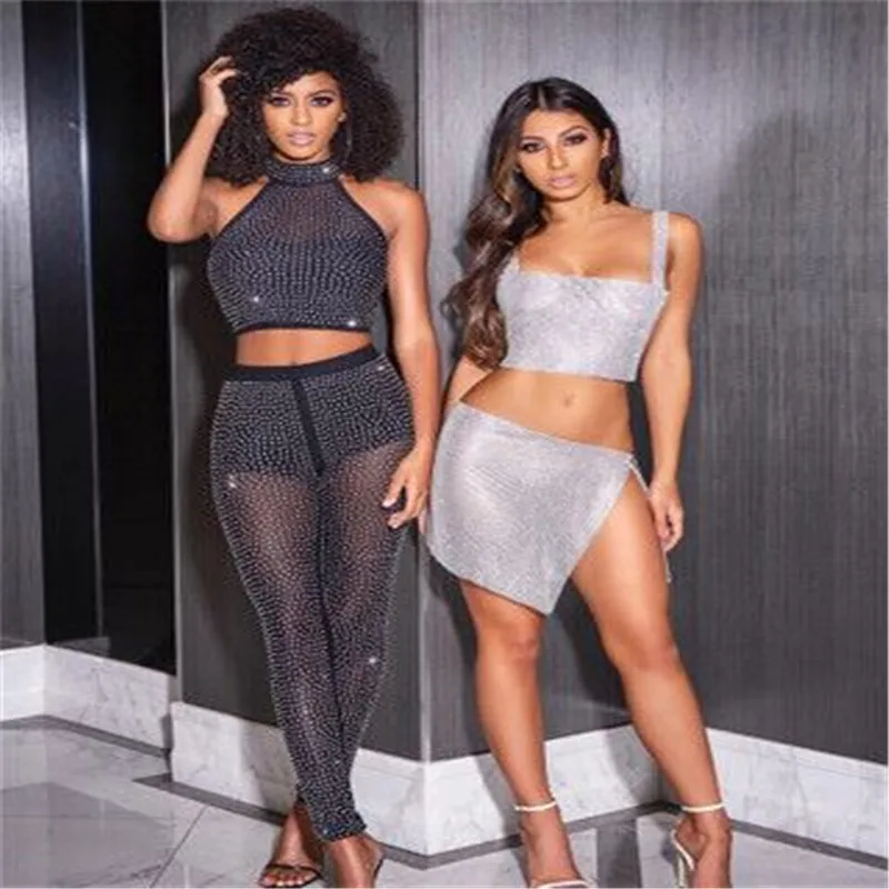 Женская мода простой сексуальный топ с блестками и юбка цепочка для сцены