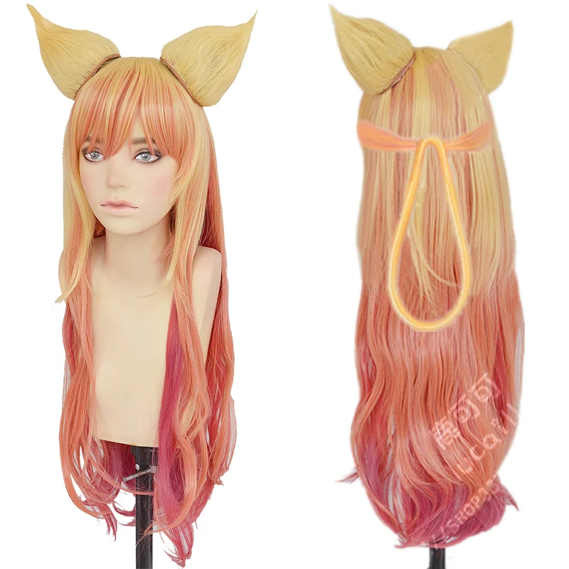 100cm Ombre Wavy Long Wig Game LOL Ahri Gumiho Fox Star Guardian Heat Resistant Hair Cosplay Costume Wig + Ears