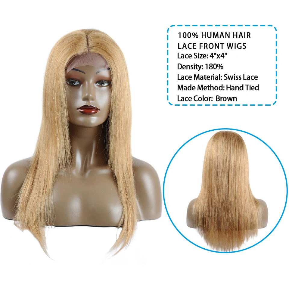 Kissmee бразильские волосы блонд парик шнурка человеческих волос Закрытие парики 4*4