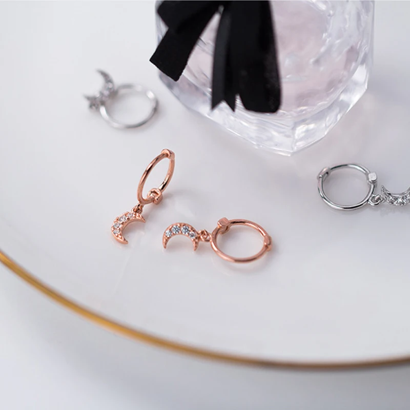 

PONYKISS 100% 925 Sterling Silver Zircon Moon Chic Hoop Earrings For Fashion Women Fine Accessory Girl Birthday Delicate Gift