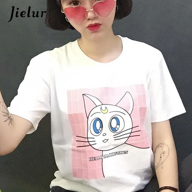 Jielur кавайный мультипликационный котик футболки на любой вкус с буквенным