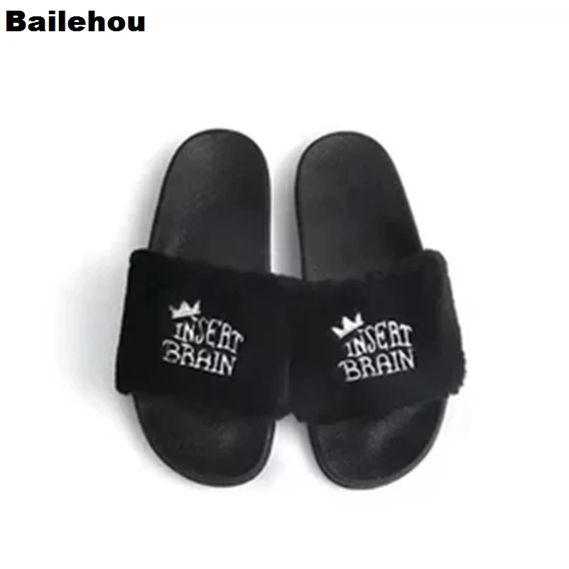 Bailehou женские меховые Тапочки Плюшевые Теплые Зимние Туфли домашние уличные шлепанцы слипоны Вьетнамки плоская повседневная обувь вышитая обувь - Цвет: Black
