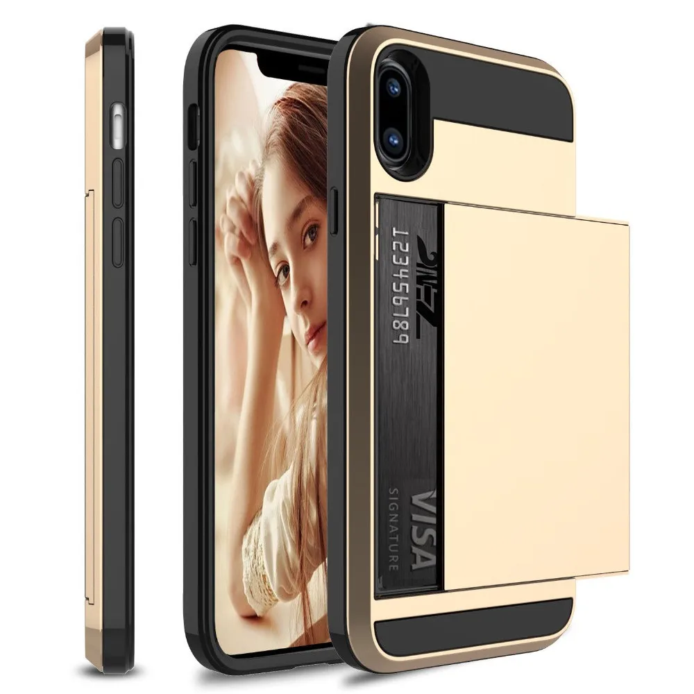 Для iPhone X XS Max 7 8 XR 5 SE 6 Чехол-кошелек держатель для карт ID Слот раздвижной для двери Скрытая Карманный чехол для iPhone 5 5 S 6 6S Plus 7 - Цвет: Gold