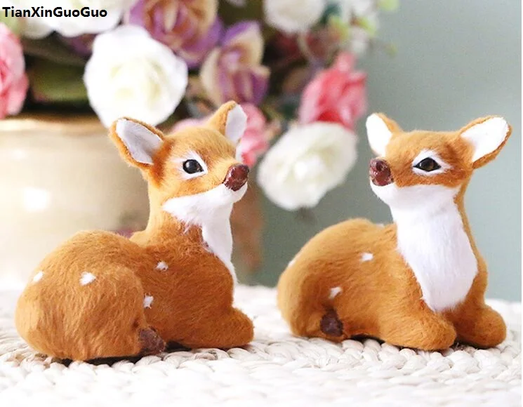 

simulation sika deer hard model polyethylene&furs 2pcs small prone deers about 9x8cm,craft prop,home decoration gift s1371