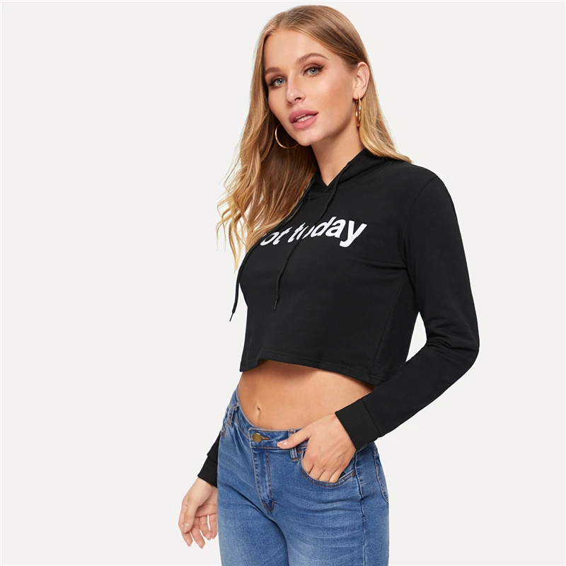 SweatyRocks, черные толстовки с надписью, женская одежда с длинным рукавом, повседневные пуловеры, Толстовка на шнурке