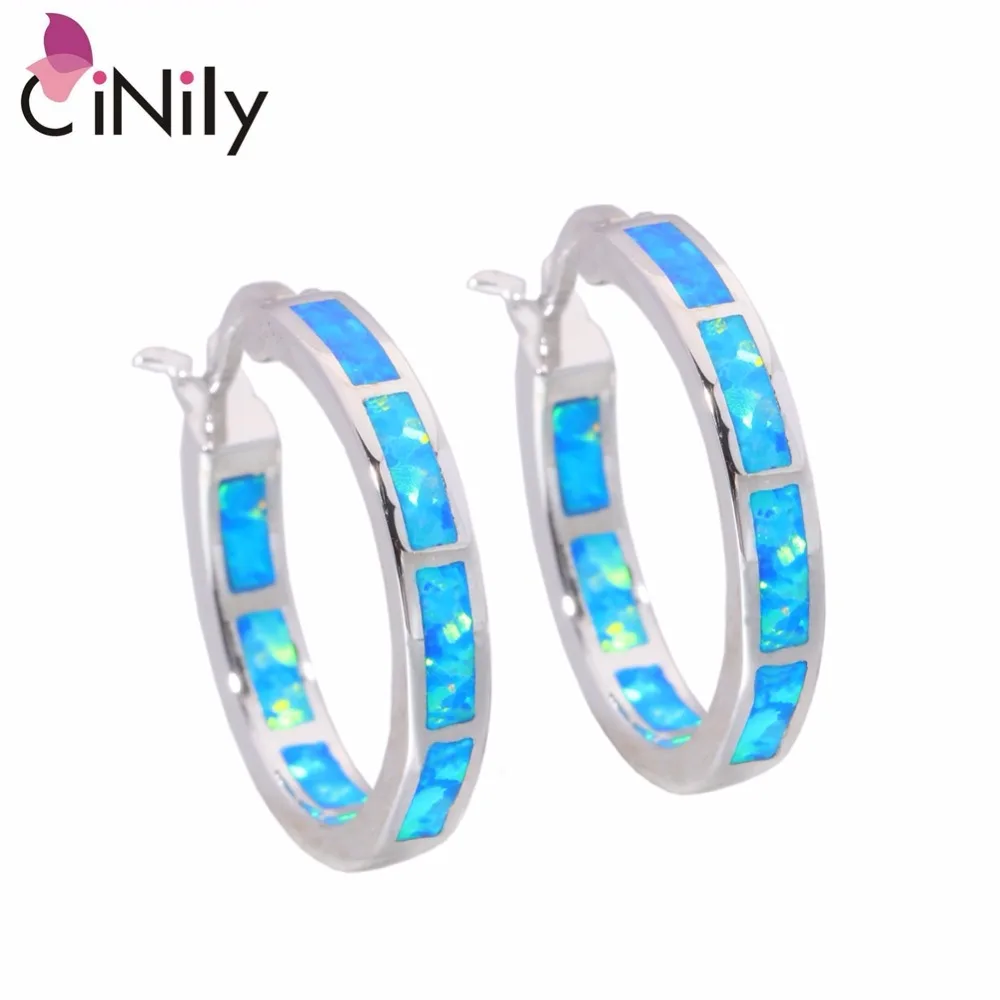 

CiNily Created Blue White Fire Opal Authentic .925 Sterling Silver Wholesale NEW for Women Jewelry Hoop Earrings 25mm SE010-11