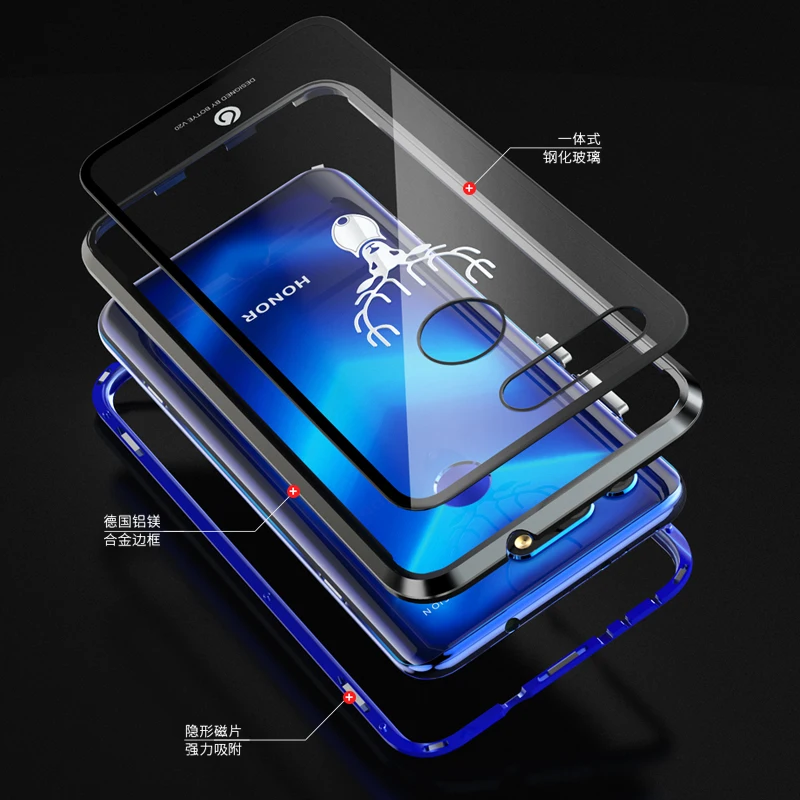 Магнитный чехол для huawei Honor V20 роскошный металлический из закаленного стекла View 20
