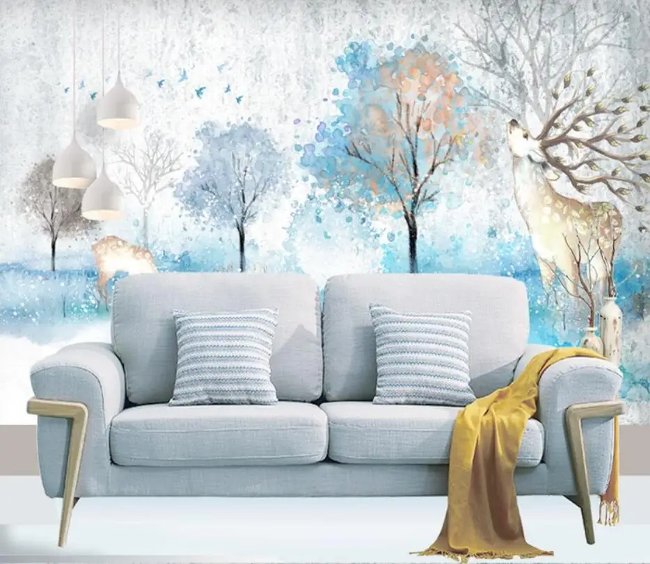 Modern simple hand-painted watercolor elk fortune tree landscape background wall decoration wallpaper murals | Обустройство дома