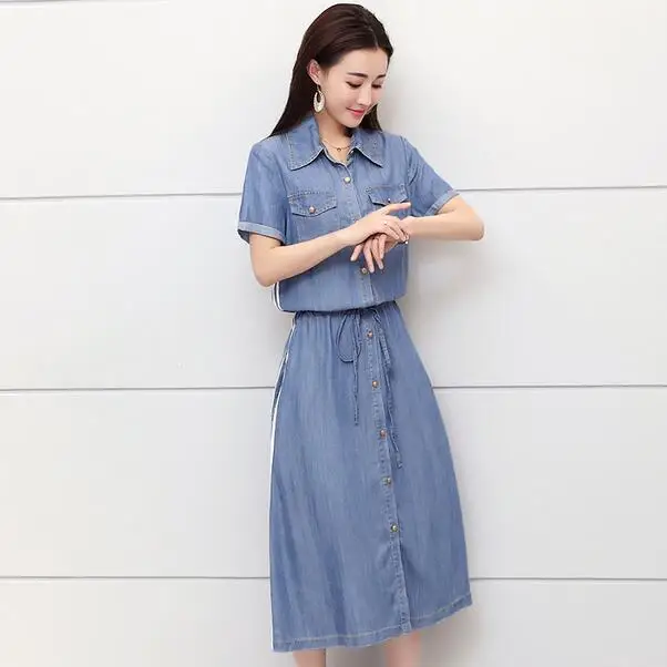 Женские джинсовые платья с отложным воротником винтажные до середины икры