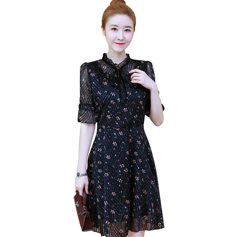 2018Summer Fashion Ladies plus size pinched waist floral chiffon dress stand collar cultivating Casual vestido tunics L-XXXXXL | Женская