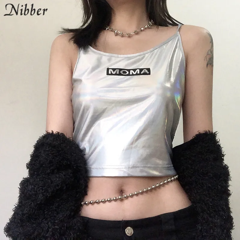 Nibber весенние модные блестящие серебряные укороченные топы camisole женские новые футболки с короткими рукавами женские повседневные Клубные праздничные безрукавки