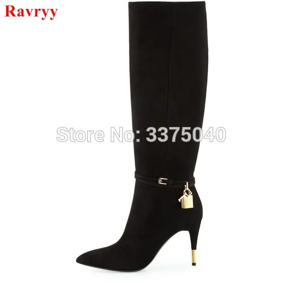 

Ravryy Women Fashion Black Suede Leather Zipper Knee High Boots Stiletto Heels Pointy Toe Ankle Buckles Ladies High Heel Boots