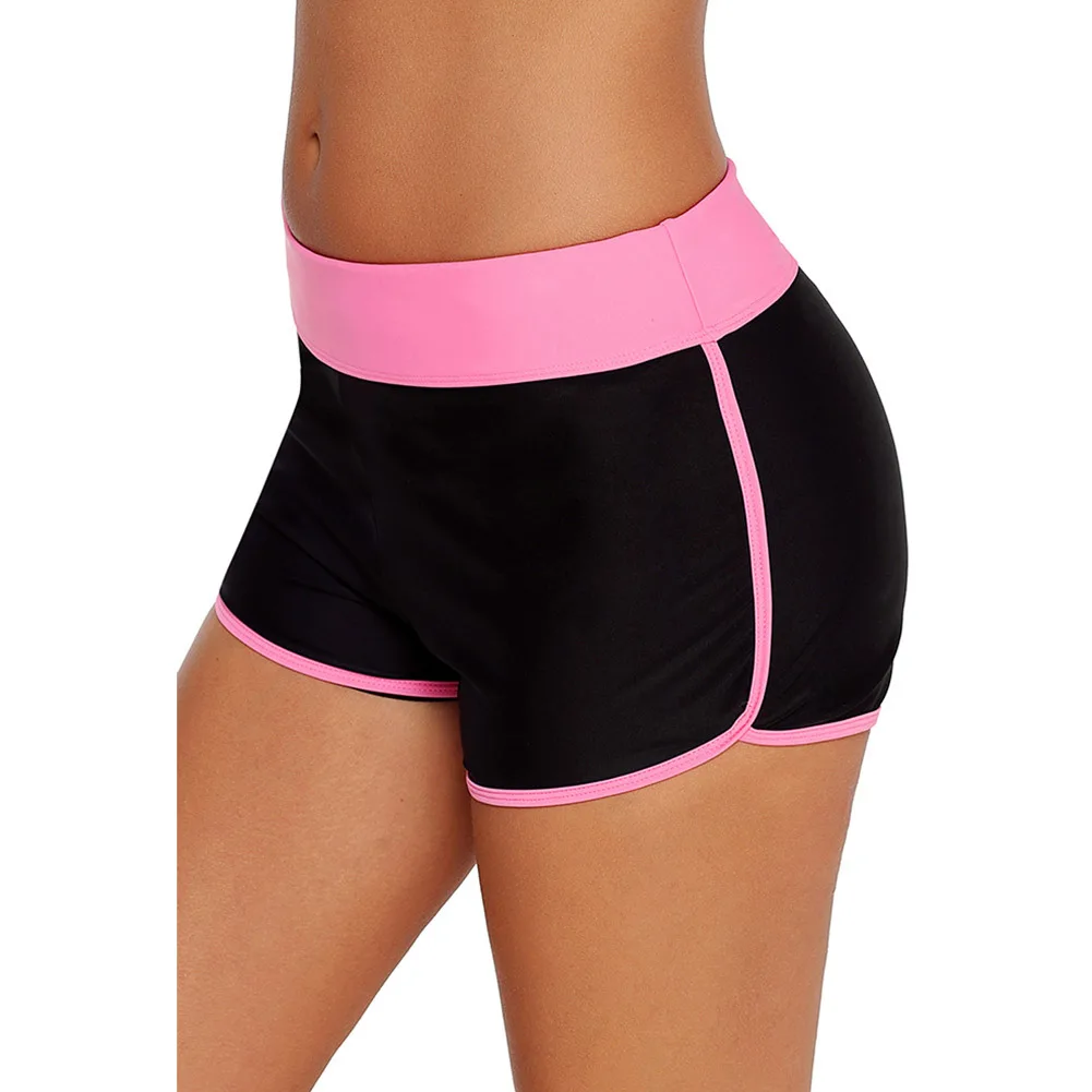 

Women Striped Trim Swim Board Shorts Mid-waist Color Elastic Wide Belt
