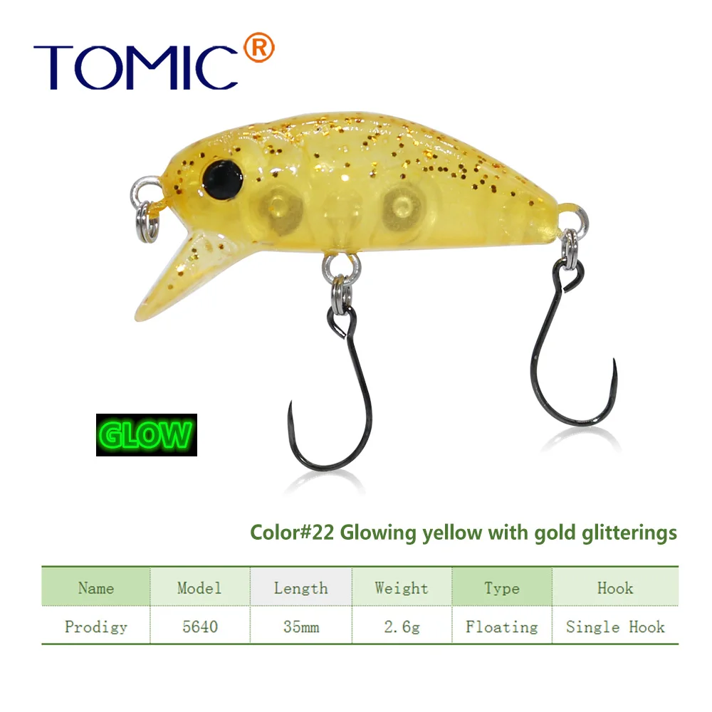 glowing yellow Tomic сверхлегкие рыболовные приманки 35 мм матовые цвета жесткая приманка, воблер с одним крюком приманка для форели - Цвет: glowing yellow