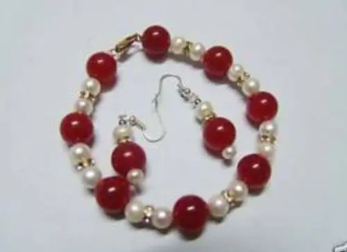 Набор из красных и белых жемчужных браслетов серег AA 8 мм + 6 7 5 дюйма|earrings set|bracelet