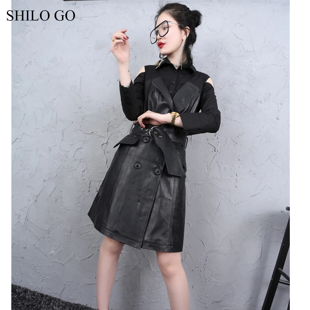 Платье из натуральной овечьей кожи SHILO GO двубортное винтажное платье с плечевым