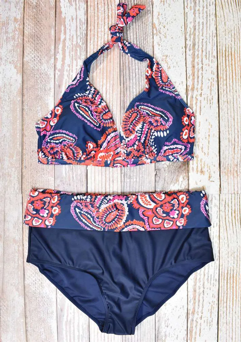 2 шт. размера плюс купальник в горошек печати бикини Для женщин Высокая талия шею