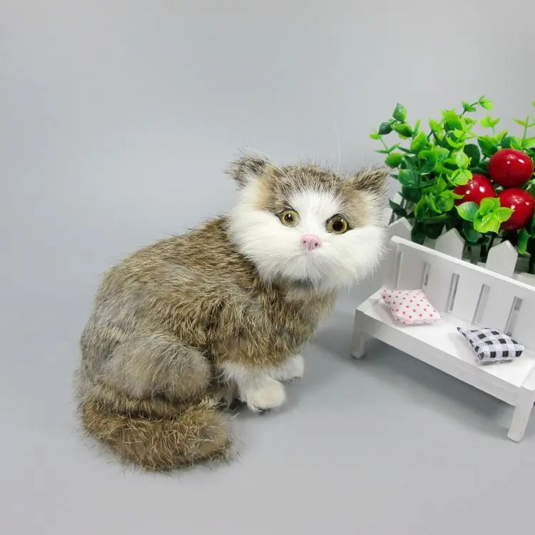 

about 16x18cm squatting dark khaki cat model,polyethylene&furs handicraft Figurines home decoration toy gift a2576