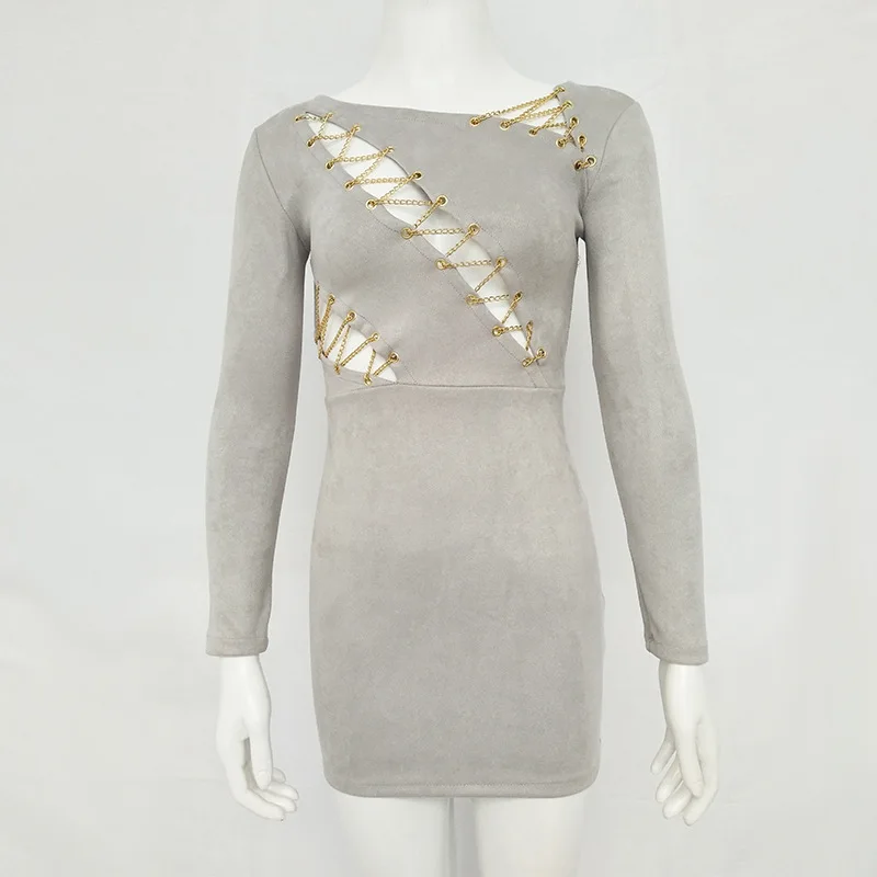 Сексуальный повязку Bodycon Замшевое платье Платья.Осень-зима Для женщин 2018 цепи