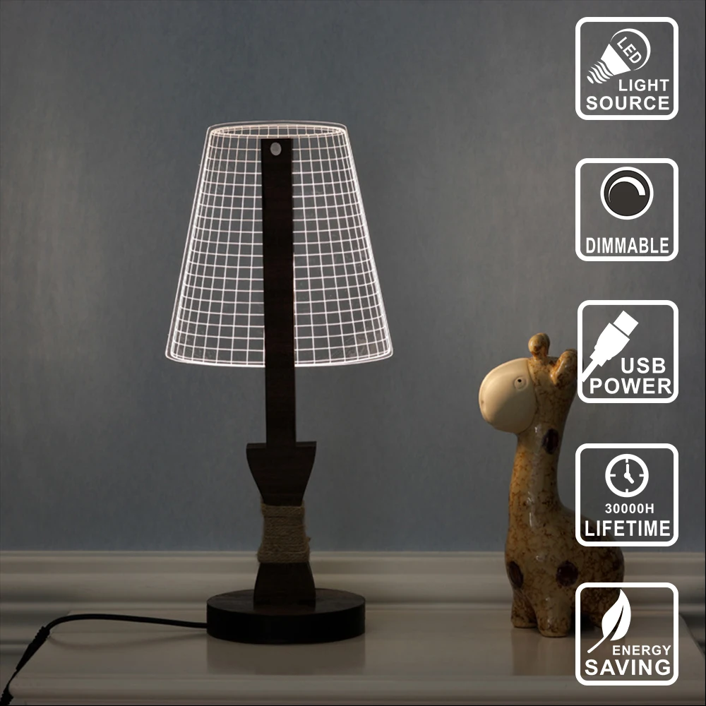 Декоративная лампа из дерева со светодиодной лампой, светильник из дерева, акриловое 3D иллюзионное освещение, светодиодная современная настольная лампа для жилых помещений, ночник с микро USB IY804004.