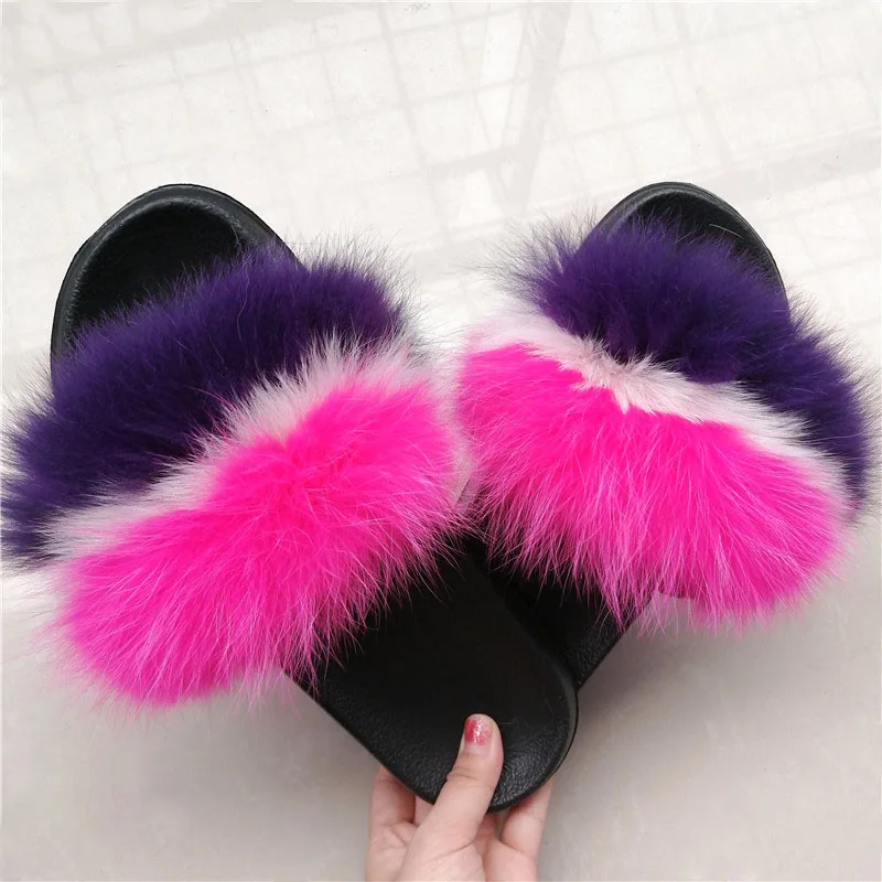 Women Fox Fur Slippers Real Fox Fur Slides Lovely Plush Slippers Woman Summer Home Sandals Women Fur Slides Furry Flip Flops Hot