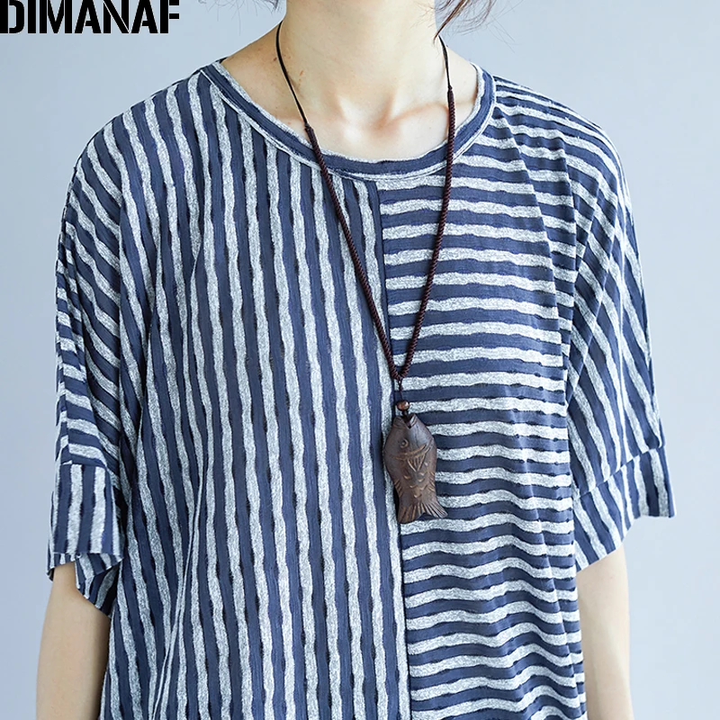 DIMANAF Women T-Shirt Cotton Summer Plus Size Basic Tops Tees Thin Print Striped Blue Female Casual Loose tshirts Batwing Sleeve | Женская
