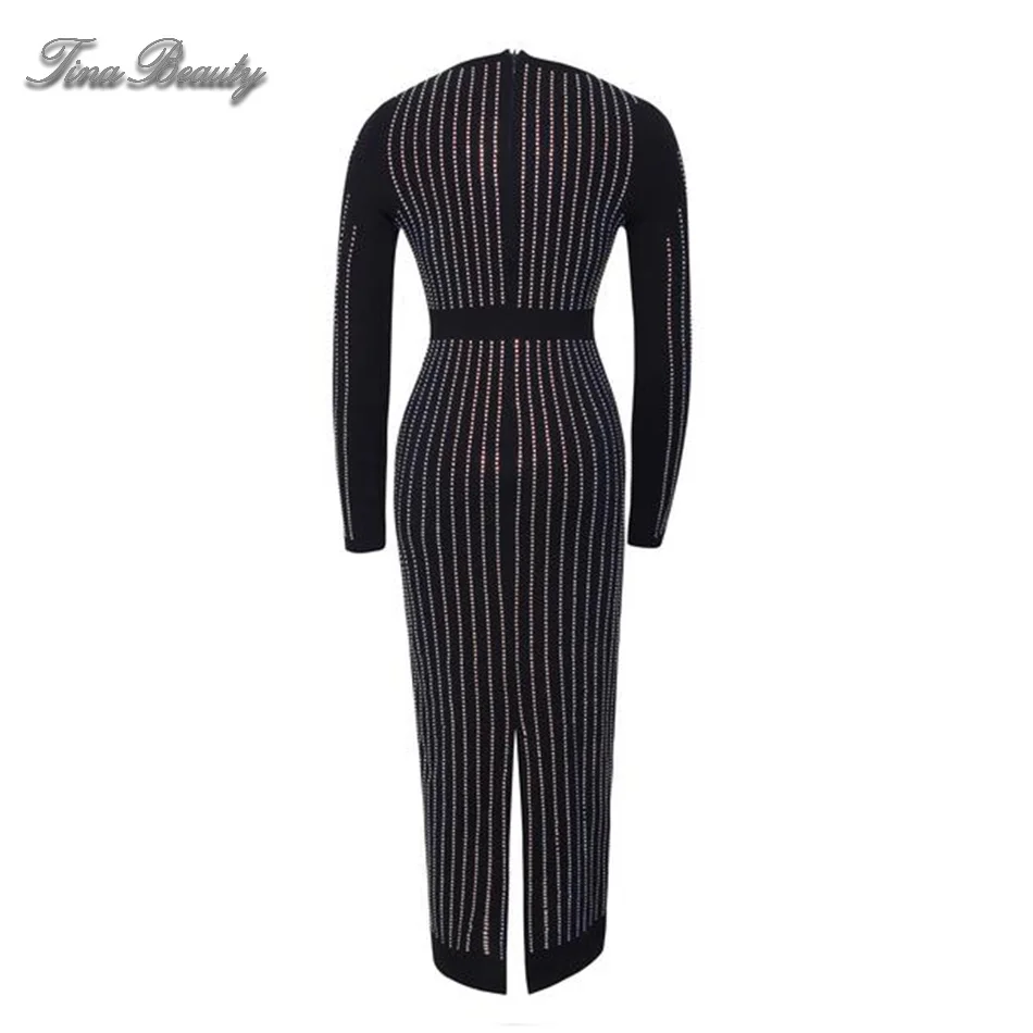 

Tina Beauty Rhinestone Diamonds Embellished Long Bodycon Dress Black Hot Drilling Sleeve Mid Calf Dress Shining Party Dresses