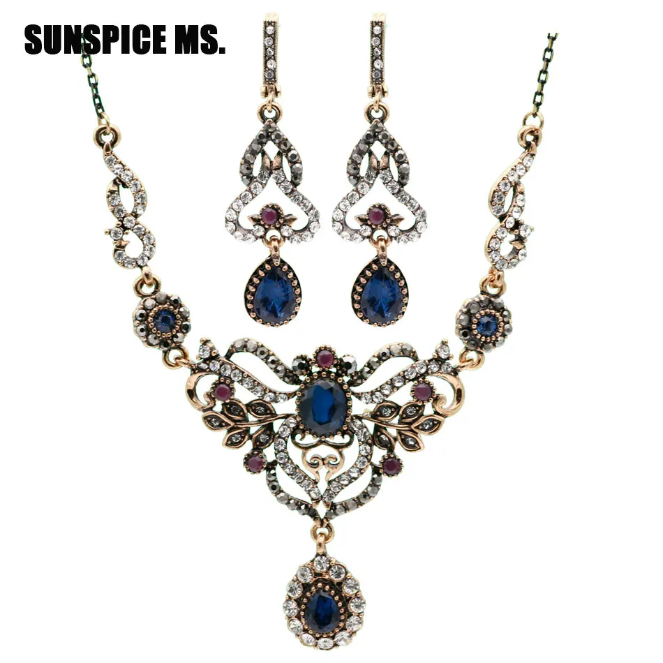 SUNSPICE-MS, серые камни, Свадебные Ювелирные наборы для Дубай, женские длинные висячие серьги, цветочное ожерелье, турецкий бренд, бижутерия, 4 цвета, Новинка - Окраска металла: LL01727blue