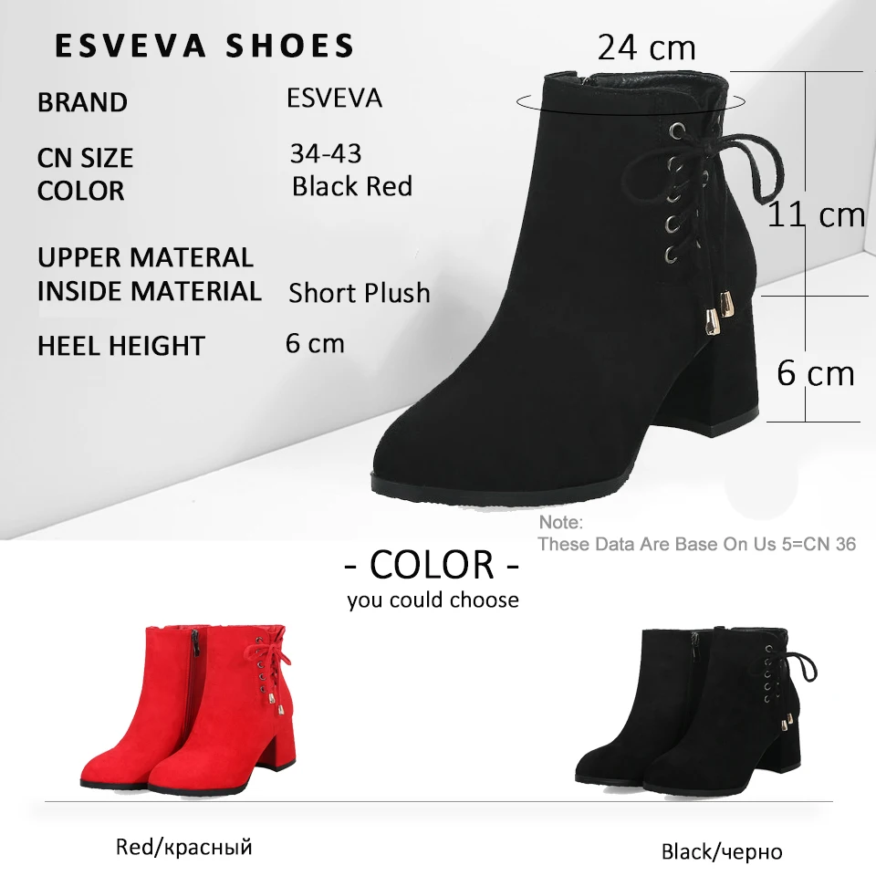 

ESVEVA 2019 Woman Boots Western Style Autumn Lace Up Shoes Square Med Heels Zipper Round Toe Boots Women Ankle Boots Size 34-43
