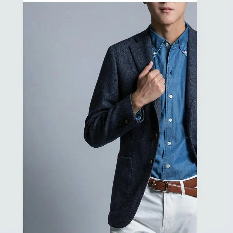 

Vintage Navy Tweed Herringbone Suit Men Spring Summer Fall Winter Slim Fit Men Blazer Jacket Latest Designs Classic Men Suits