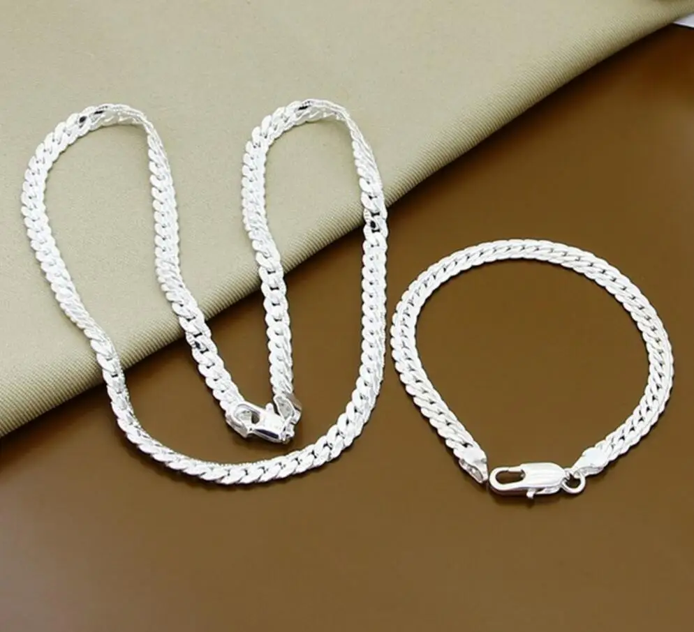 2 Piece silver plated Necklace Bracelet Jewelry Set Cheap Bridal Party Sets Mens 6M Whole Sideway Fashion Silver | Украшения и
