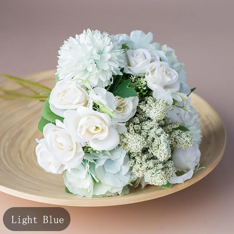 light blue Роза Искусственные Шелковые Цветы для свадьбы гортензии невесты DIY поделки поддельные цветы букет украшения дома - Цвет: light blue