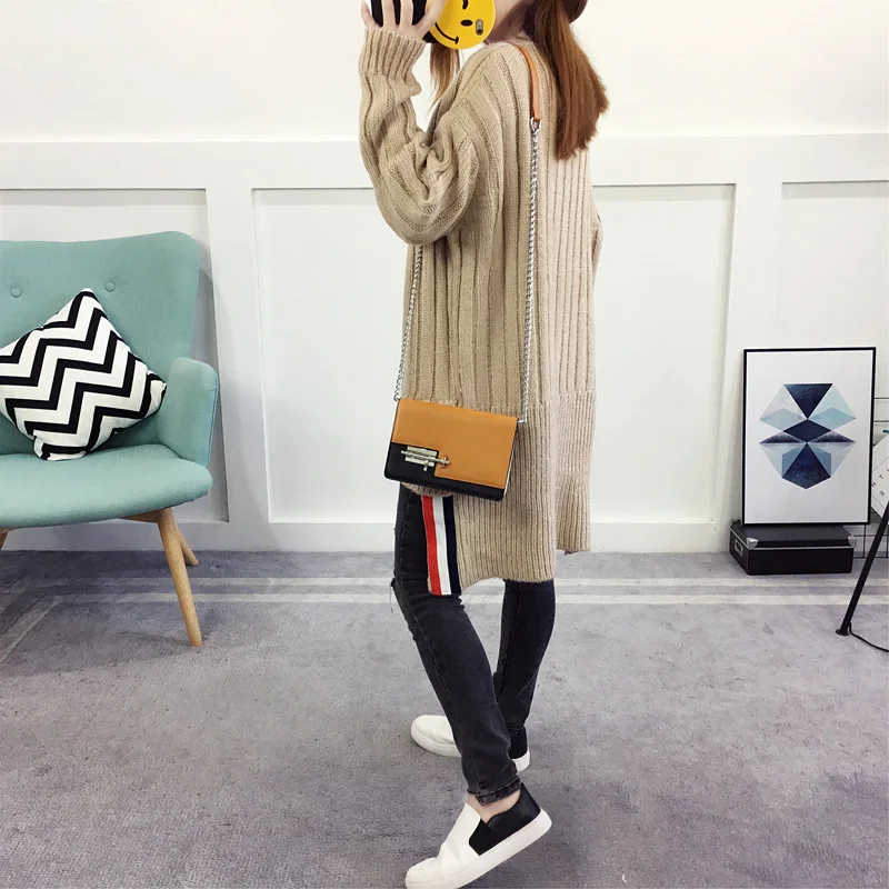 2017 осень-зима Мода в полоску стежка вязаный свитер с Кнопки длинный абзац PD BJ |