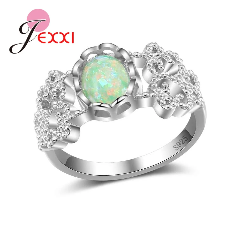 

Pure 925 Sterling Silver Fashion Rings Jewelry Paved High Quality Green Opal Stones For Women Luxury Wedding Accessories