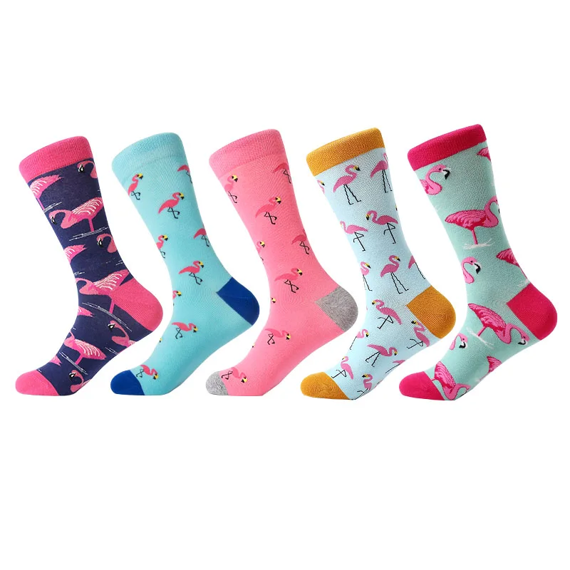 MYORED male socks 5 pairs/lot bright colorful men's crew socks cartoon funny bird pattern man casual dress Calcetines de hombre
