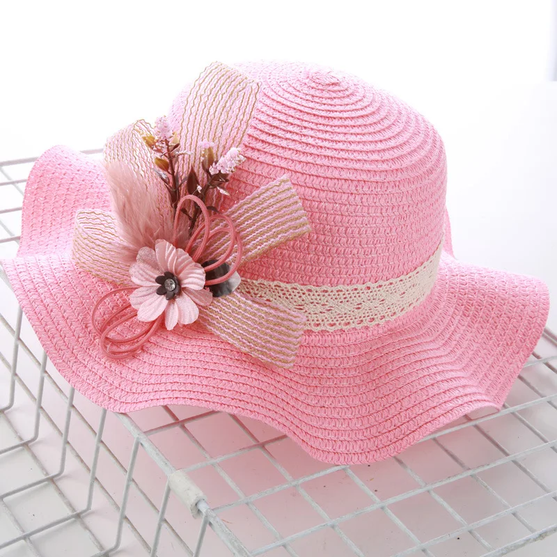 2019 baby girl hat summer bow straw solid color flowers outdoor cool Korean casual wave big along beach kids beanies | Детская одежда и