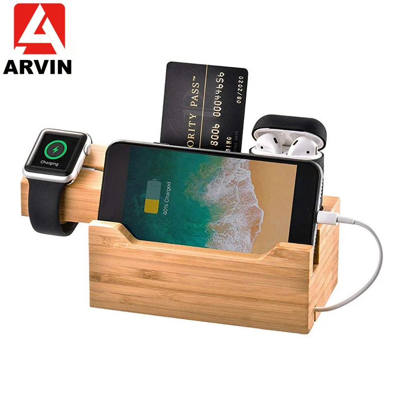 ARVIN 3 in 1 Bamboo Wood Charging Dock Multi-USB Charger Station Stand Holder for iPhone X 8 Apple Watch Airpod Samsung Bracket