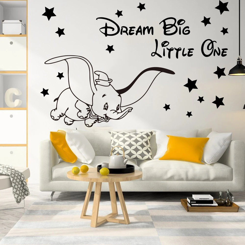 

Cartoon Dream Big Little One Fly Dumbo Elephant Star Wall Decal Kids Room Dumbo Animal Inspirational Quote Wall Sticker