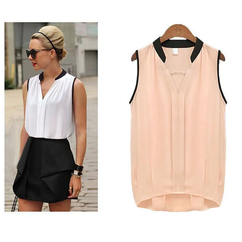 Женская блузка белая шифоновая летняя без рукавов|blouse fashion|fashion blouseswomen casual blouses |