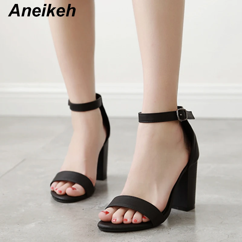 Aneikeh/ летние женские босоножки; большие размеры 35-42; босоножки с ремешком на щиколотке; сандалии-гладиаторы на Высоком толстом каблуке; женские туфли-лодочки черного цвета