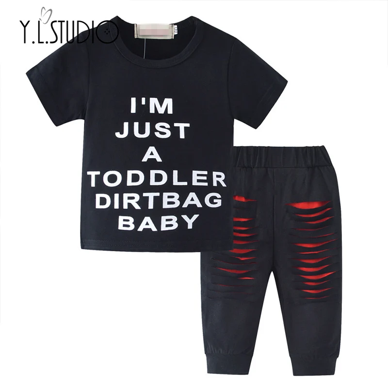 2 Pieces Kid Short Sleeve T-shirt Pants Set for Toddler Baby Boys Clothes Newborn Outfits New Born Letter Top Black Summer Sets |