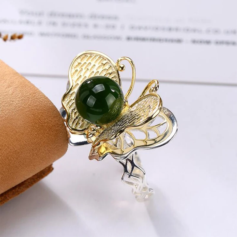 Регулируемое кольцо из серебра 925 пробы женское и мужское с бабочкой 100%