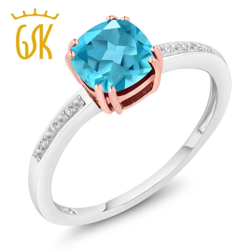 Gemstoneking 10 К розы и белого золота Diamond Accent Ring Подушки голубой топаз (1.87 cttw) кольцо для