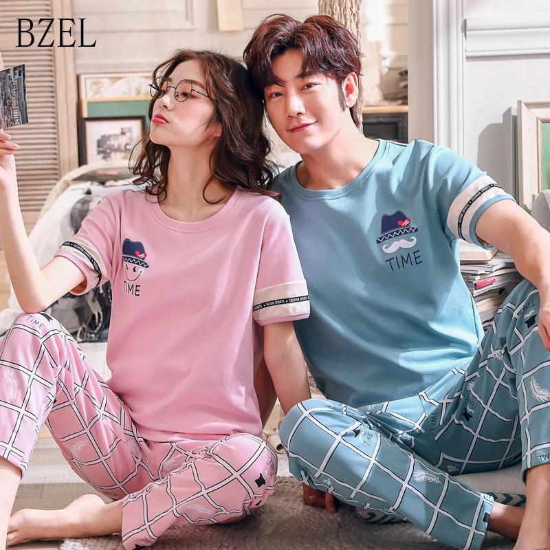 BZEL New Cotton Couple Pajamas Set Short Sleeve Sleepwear Men And Women Casual Home Wear Lover Latest Version Nightwear | Женская одежда