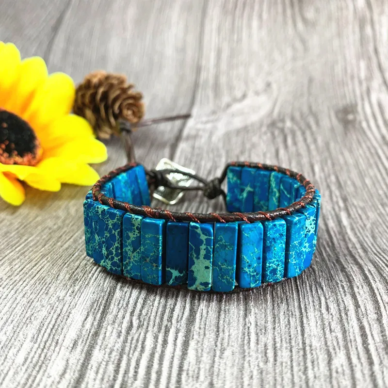 Unique Blue King Stone Bead Single Leather Wrap Bracelets Wholesale Handmade Bohemian Vintage Weaving Bracelet Wholesaler | Украшения и